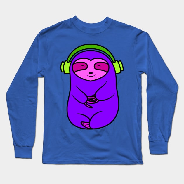 Happy Purple Sloth Listening to Music Long Sleeve T-Shirt by SubtleSplit